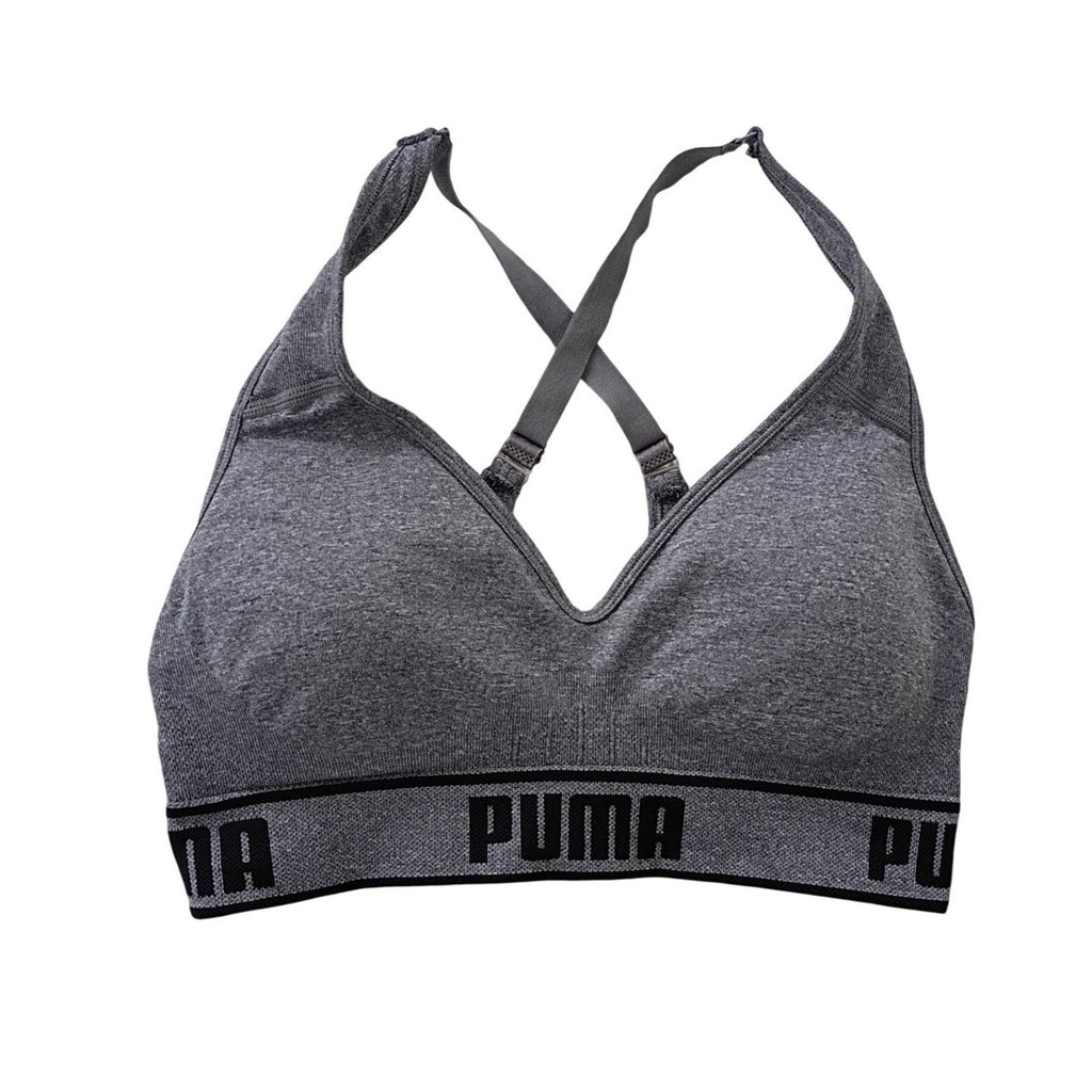 Puma Heather Grey Seamless Cross Back Sports Bra Logo Band Adjustable Small S