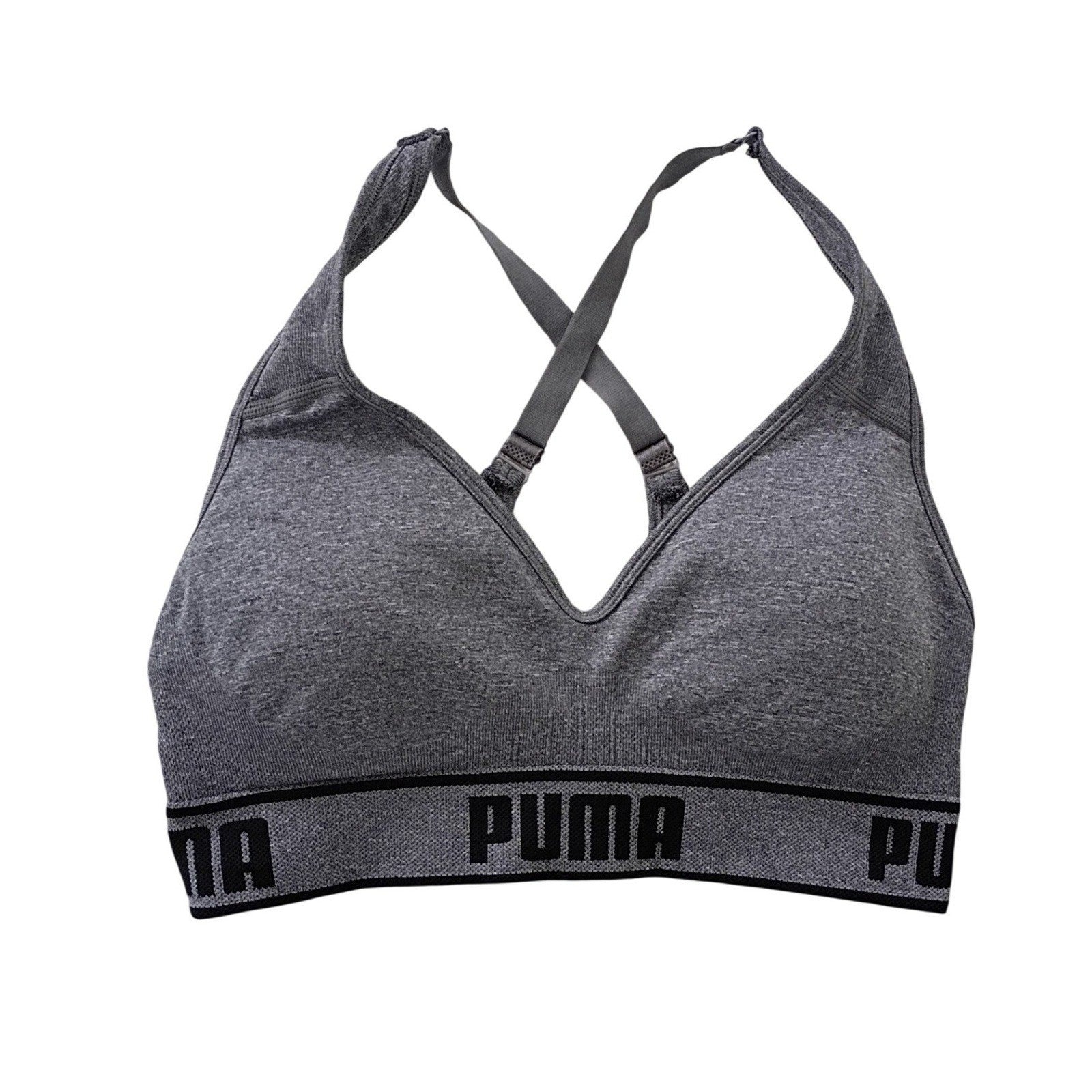 Puma Heather Grey Seamless Cross Back Sports Bra Logo Band Adjustable Small S