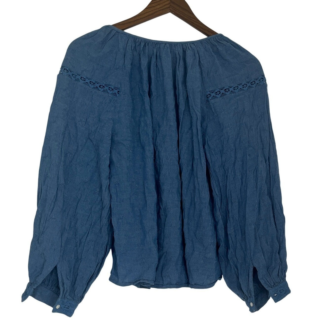Old Navy Boho Embroidered Peasant Blouse Blue Lace Inset Cottagecore Top M
