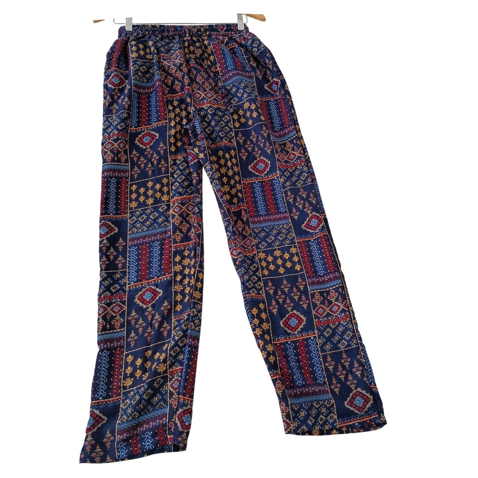 RHEA NWT Silk Blend Bohemian Patchwork Wide Leg Pants S/M Navy Red Gold Boho