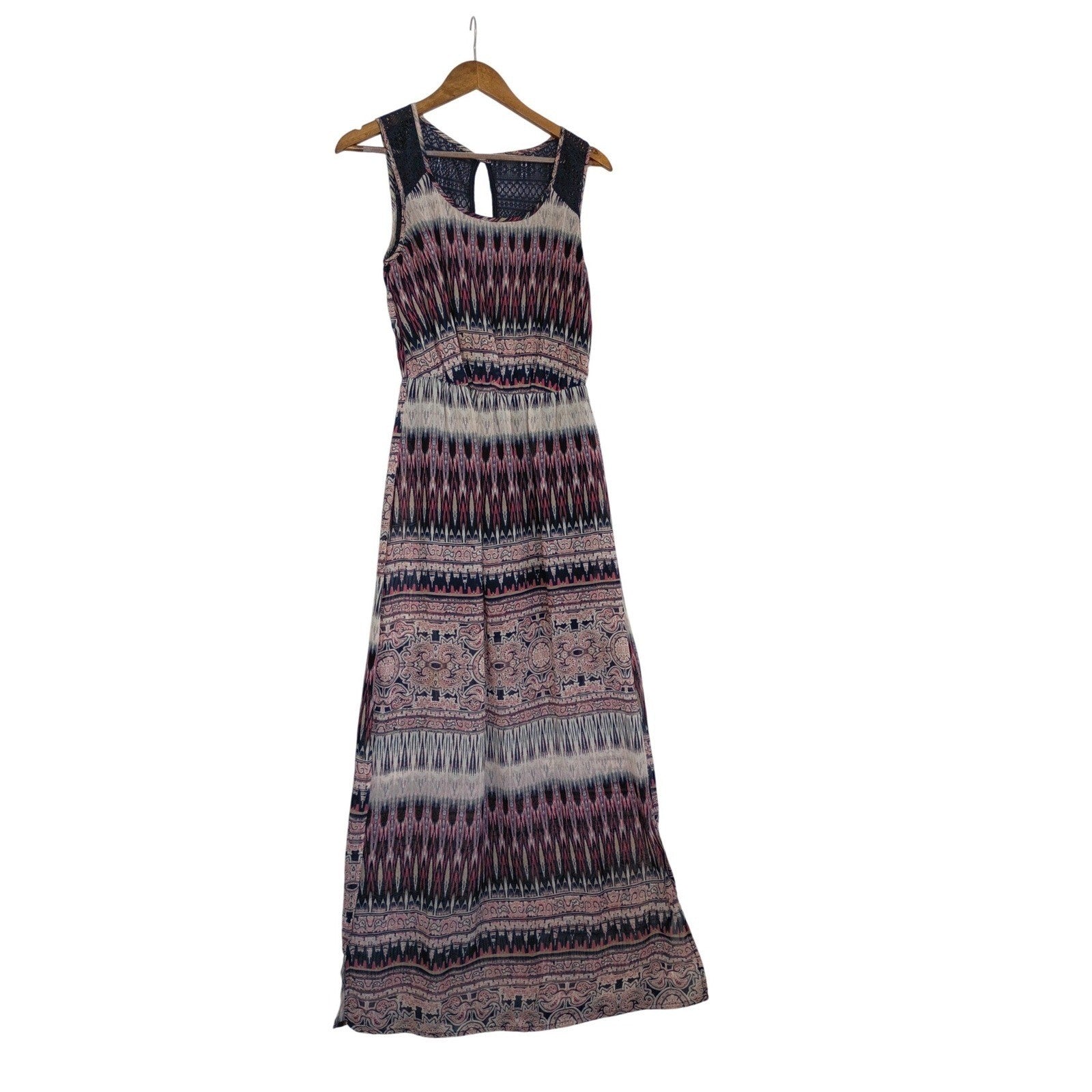 Trixxi Navy Pink Geometric Paisley Lace Sheer Maxi Dress Small Boho Slit Beach