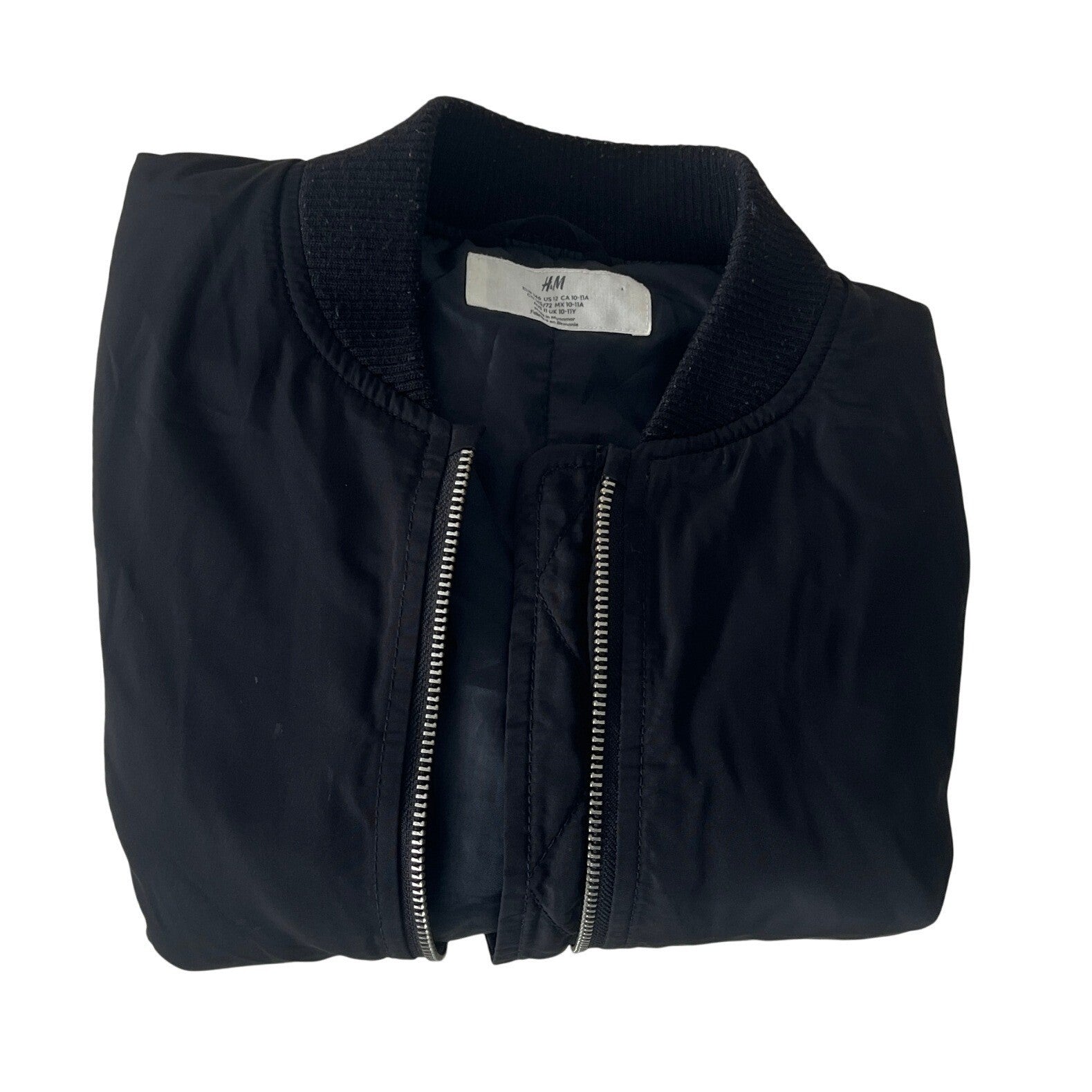 H M Black Bomber Jacket Full Zip Ring Detail Ribbed Cuffs Sz 10 11