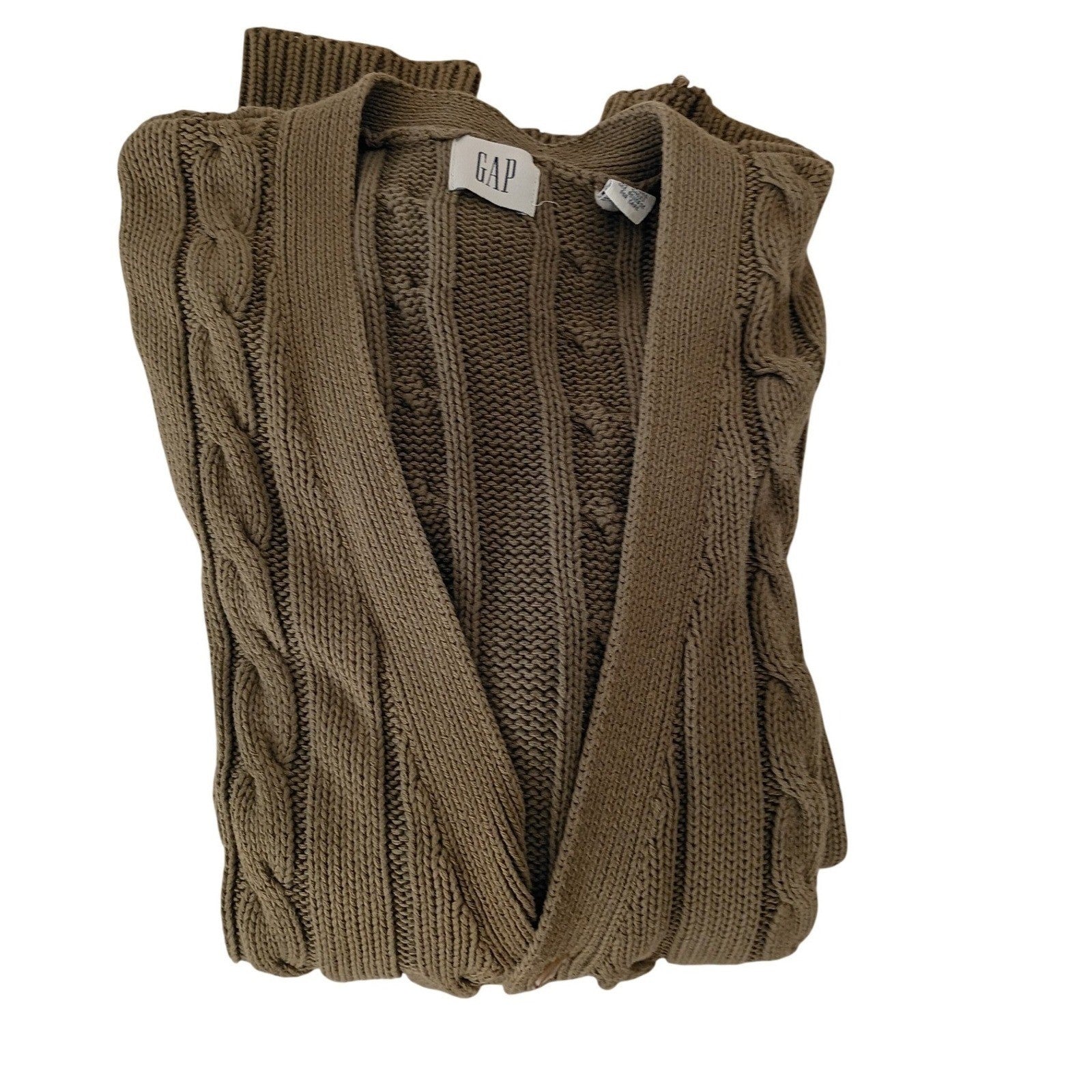 GAP Cable Knit Cardigan Sweater Olive Green Button Long Sleeve XL 100% Cotton