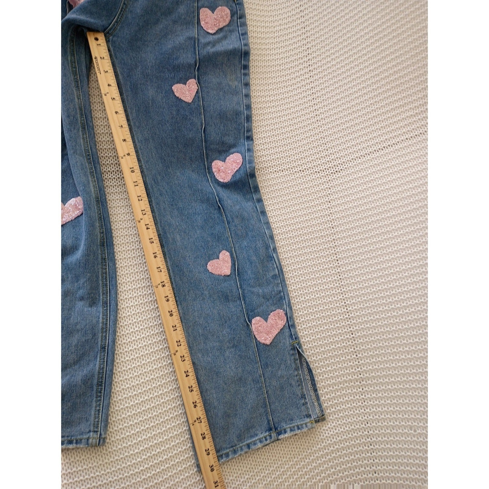 CIDER PINK Closet Sequin Heart Straight Leg Jeans High Rise Side Slit S 25x30
