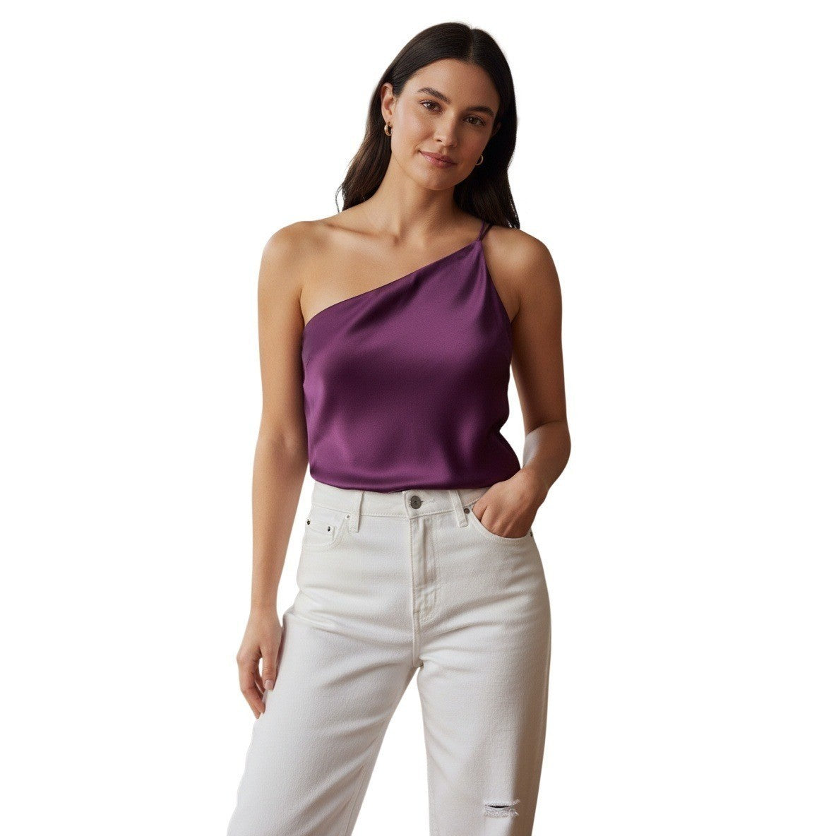 Zara Purple Satin One Shoulder Draped Asymmetrical Crop Top M Medium 6 8 Party