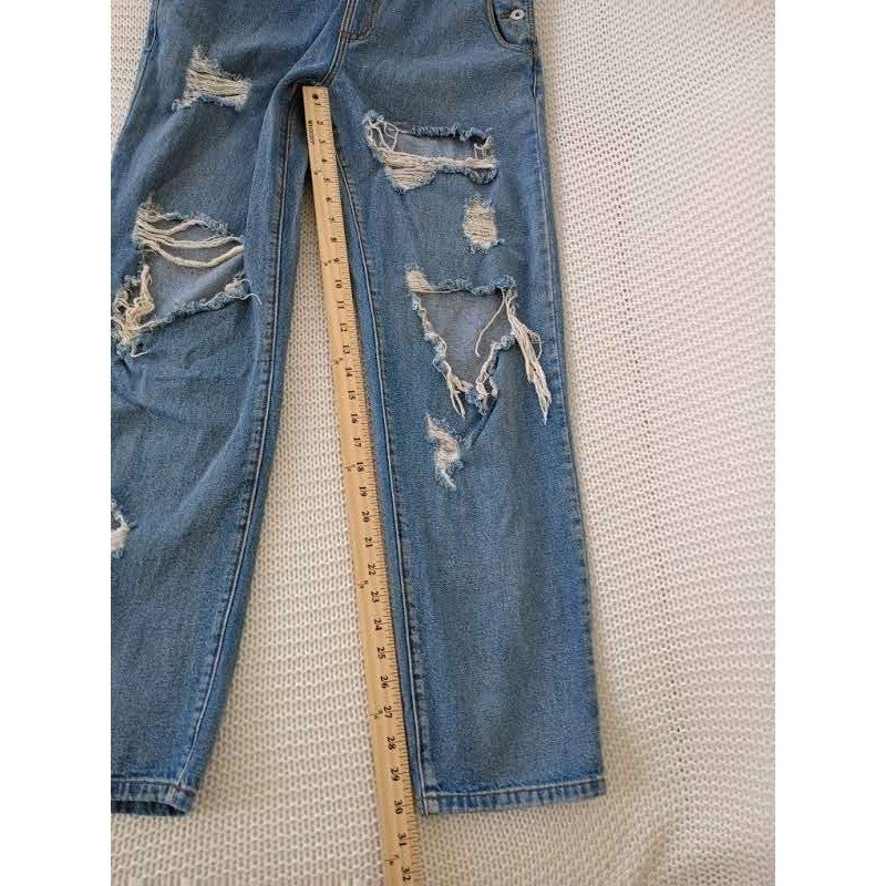 Honey Punch Blue Distressed Denim Overalls L Ripped Straight Leg Y2K Vintage Sty
