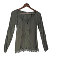 Hollister Olive Cotton Gauze Lace Up Boho Blouse Crochet Trim Long Sleeve S