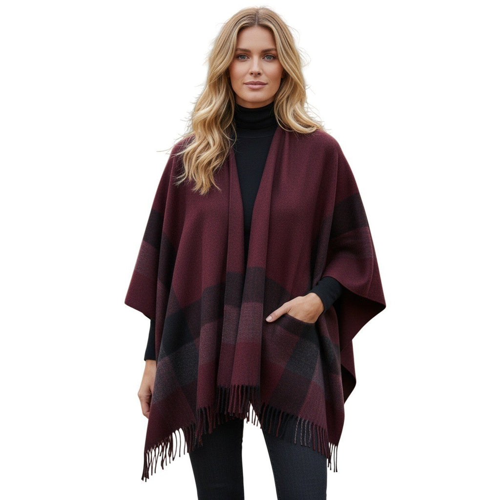 RHEA Cozy Burgundy Southwestern Plaid Fringe Ruana Poncho Wrap NWT L/XL Boho