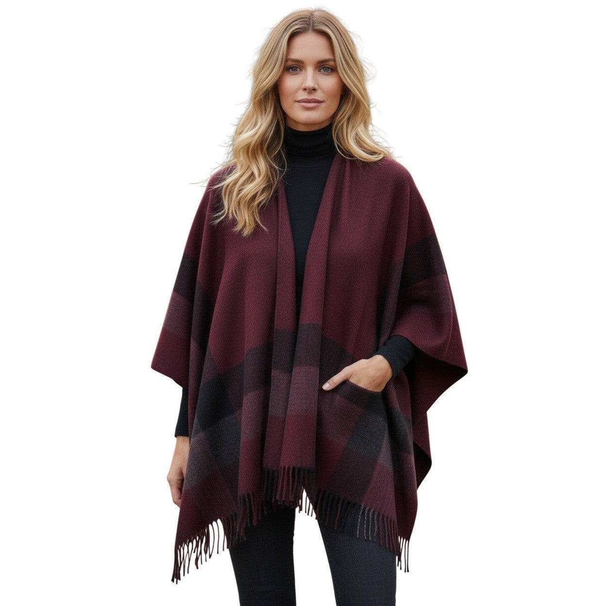 RHEA Cozy Burgundy Southwestern Plaid Fringe Ruana Poncho Wrap NWT L/XL Boho