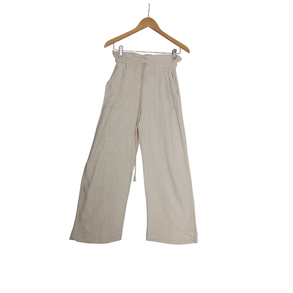 Linen Blend Wide Leg Pants Beige Paperbag Waist Drawstring Casual Comfort