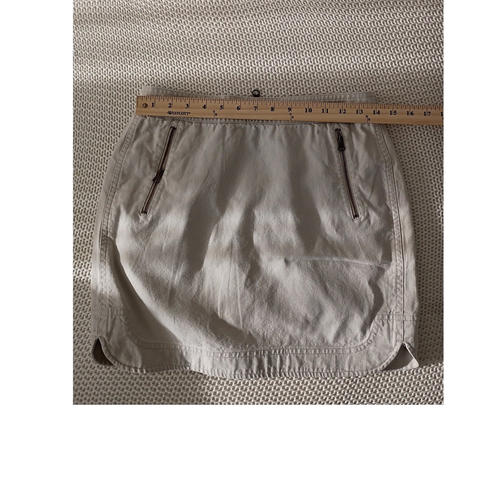 J Crew Canvas Mini Skirt Zip Front Pockets Khaki Tan Linen Blend Size 2 W26-27