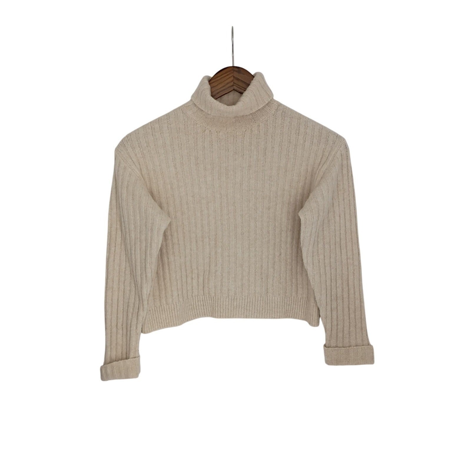 Zara NWT Cream Ribbed Cropped Turtleneck Sweater Long Sleeve Minimalist S XS