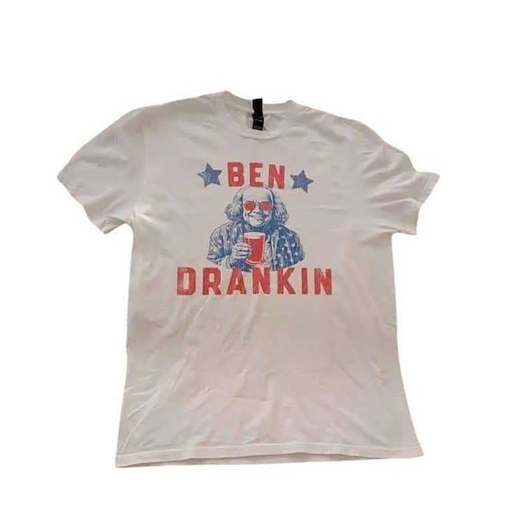 Ben Drankin Patriotic Humor Graphic T Shirt White 100% Cotton Mens S/ M