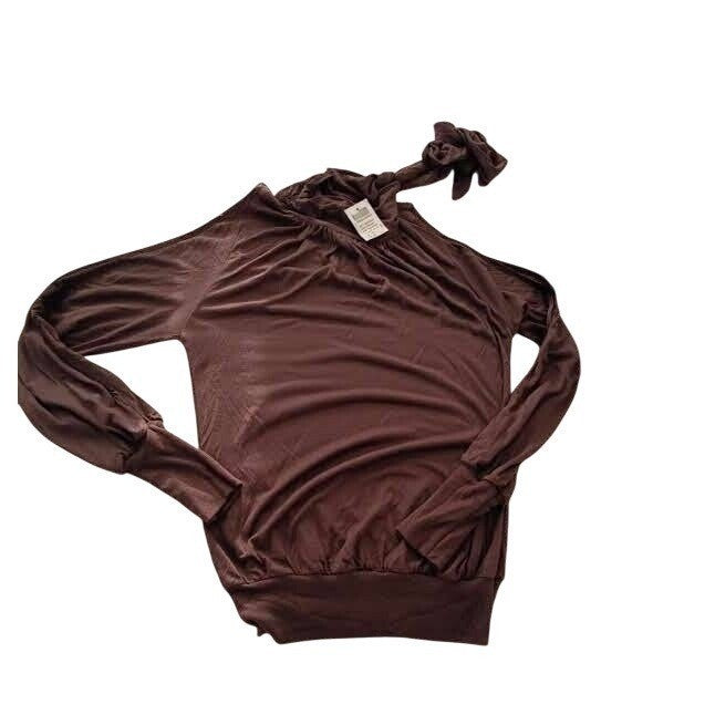 NWT ARDEN B. Y2K Chic Brown Halter Neck Tie Top Ruched Long Sleeve Fits S