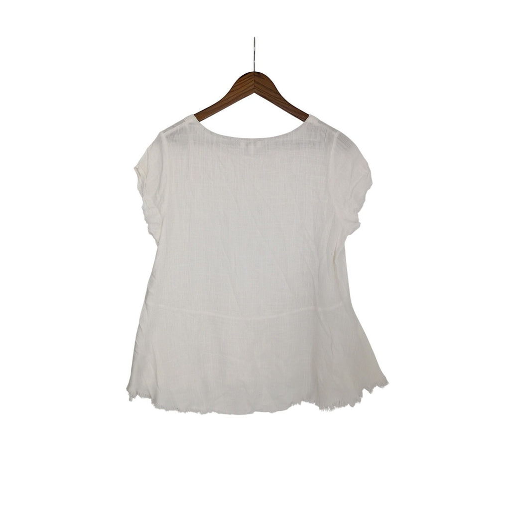 Umgee USA Linen Blend Top White Short Sleeve Raw Hem Floral Trim Women's S