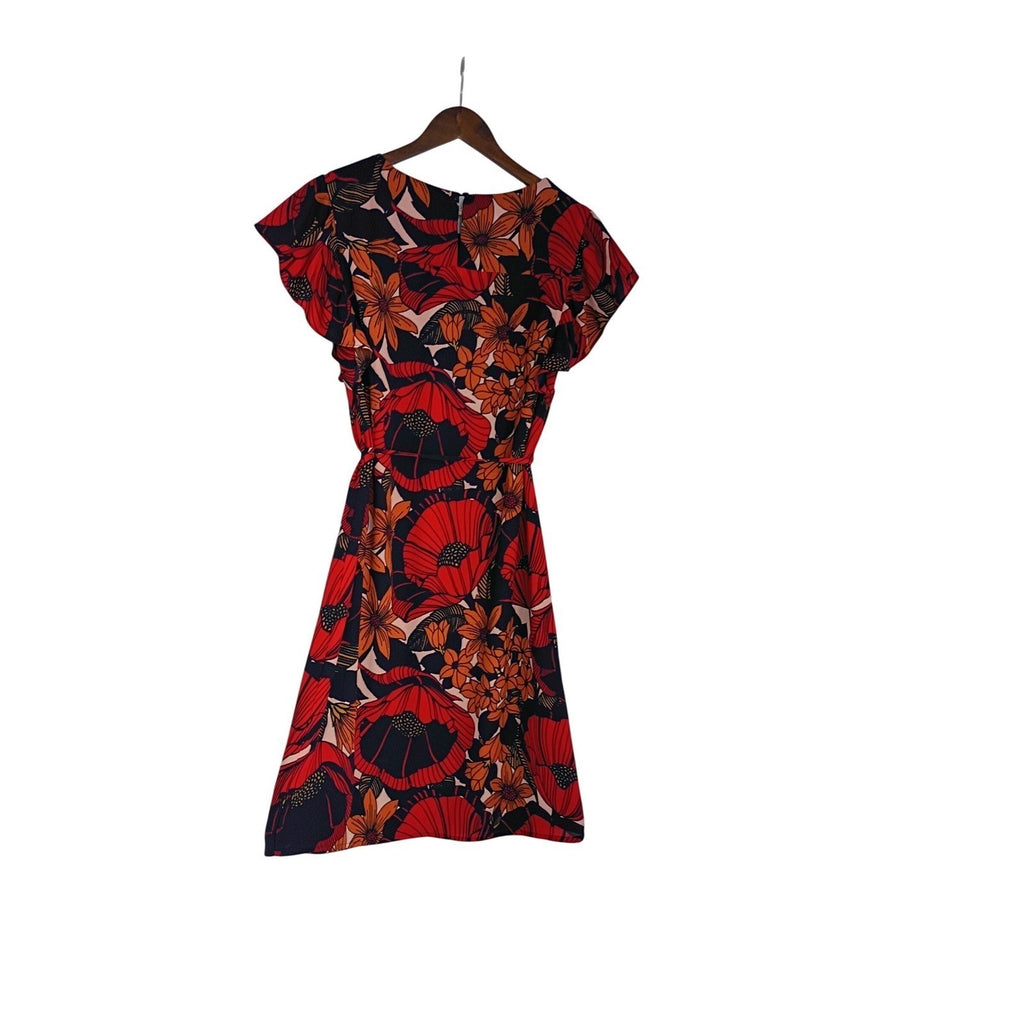 LOFT Poppy Floral Flutter Sleeve Tie Waist Mini Dress S Black Orange Boho Summer