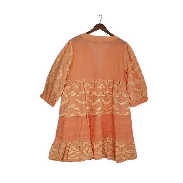 NWT RHEA Peach Gold Metallic Ikat Boho Tiered 100% Cotton Mini Dress L XL V-Neck