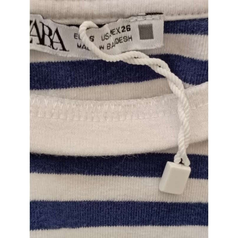 Zara Navy Blue White Striped Ruched Side T-Shirt Short Sleeve Women's Size S