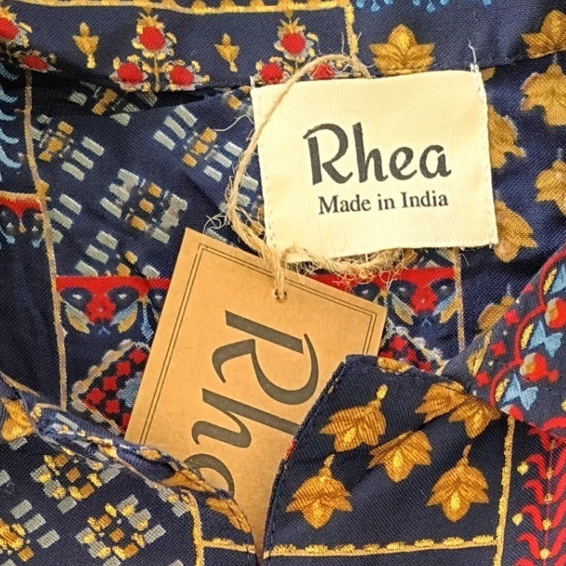 RHEA NWT Silk Blend Navy Patchwork Block Print Button Down Shirt S/M Boho India