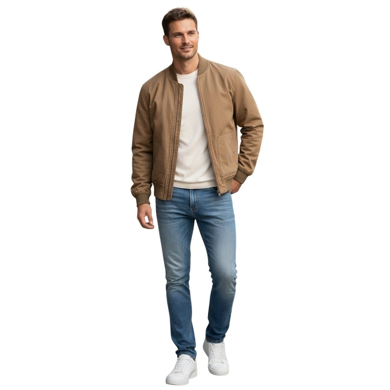 SLATE & STONE 98% Cotton Bomber Jacket Brown Full Zip Minimal Casual