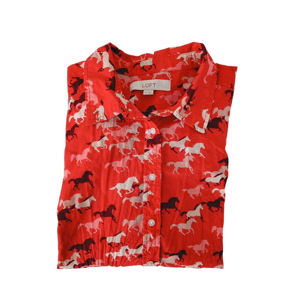 LOFT Red Horse Print 100% Cotton  Button Down Shirt Size M Long Sleeve