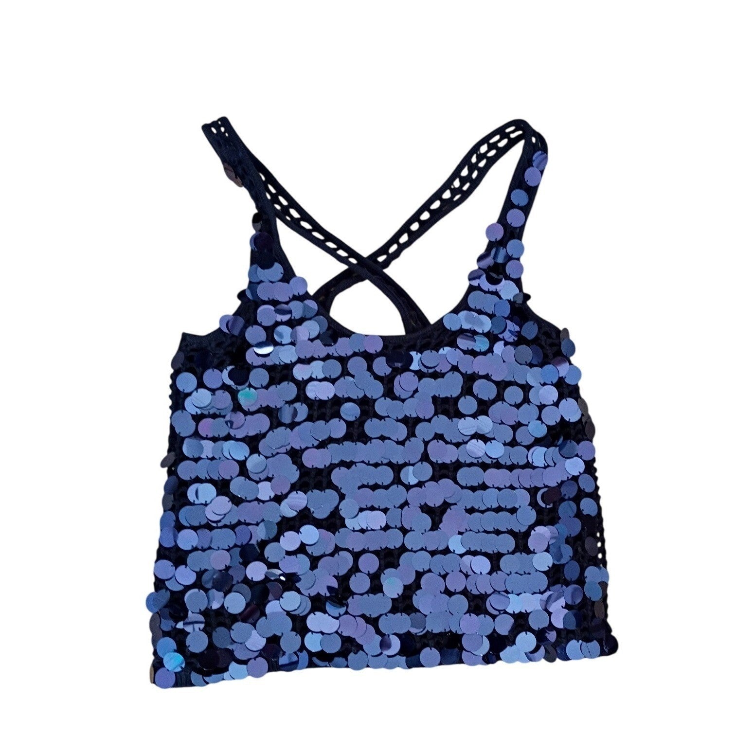 Splendid Navy Sequin Crochet Tank Top M L Medium Iridescent Paillette Festival