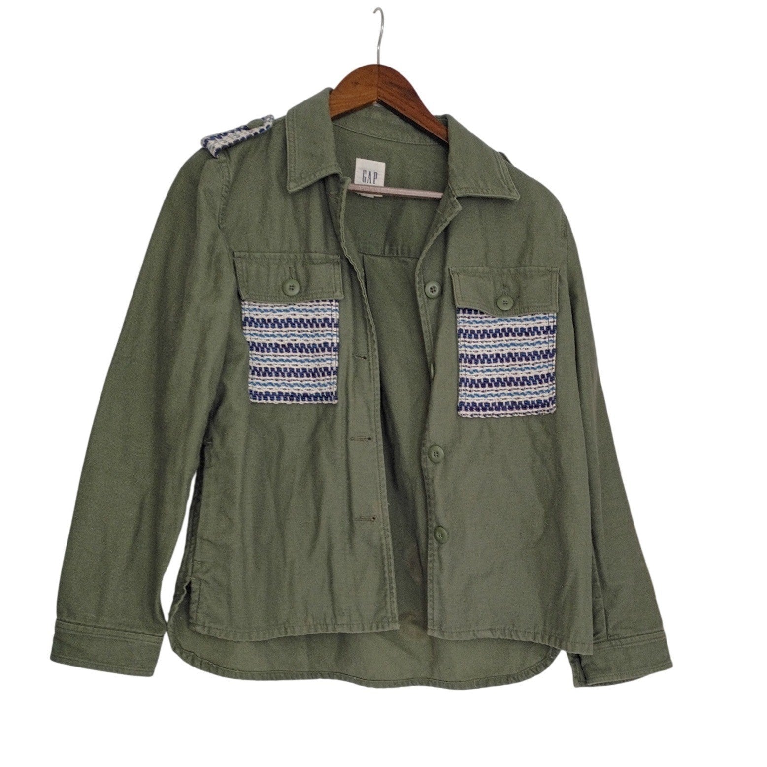 GAP Olive Green Utility Jacket Embellished Pocket Button Down Size M 100% Cotton