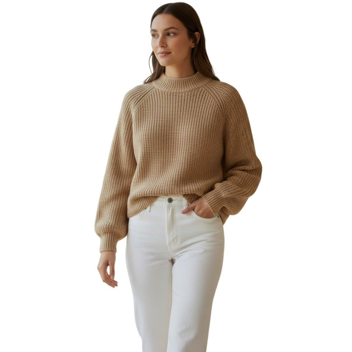 Tommy Hilfiger Elegant Camel Mock Neck Sweater 82% Lana Wool Ribbed Knit S Cozy