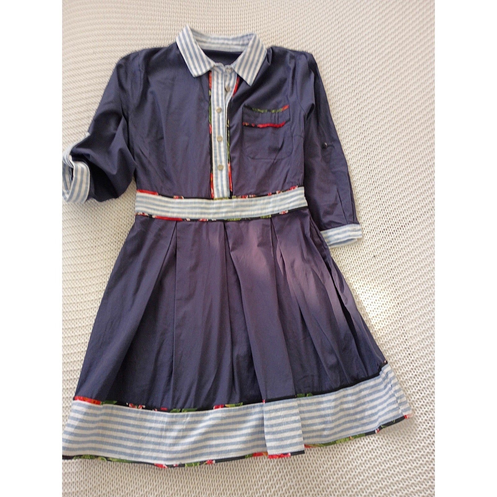 VTG Navy Blue Pleated Shirt Dress Striped Floral Trim Cowgirl Cottagecore