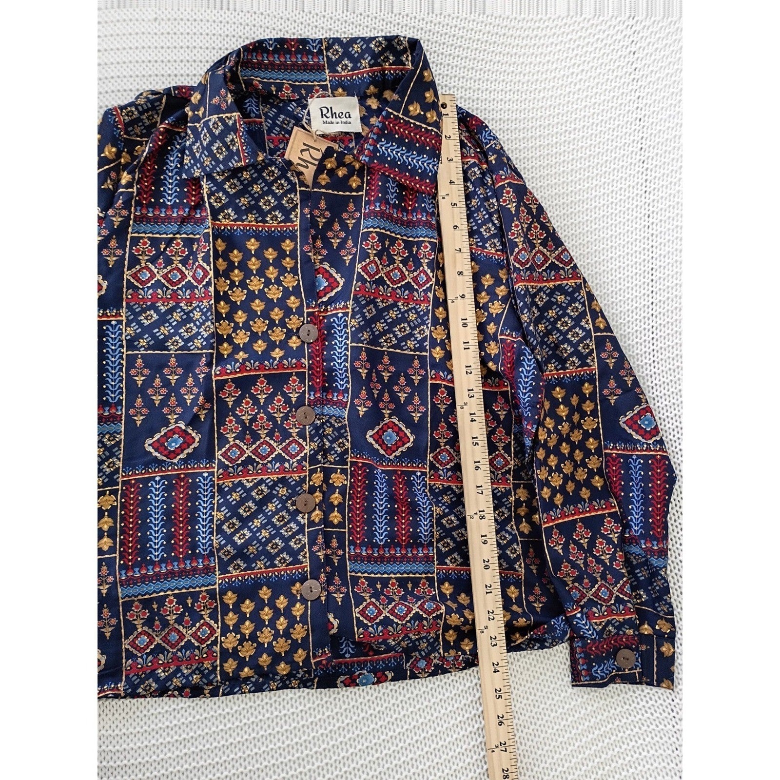 RHEA NWT Silk Blend Navy Patchwork Block Print Button Down Shirt S/M Boho India