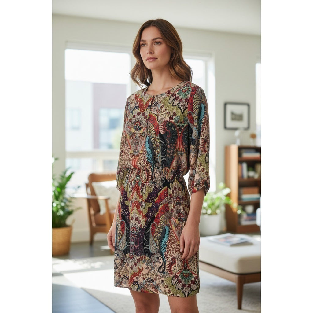 EAST INDIA COMPANY Paisley Print Viscose Midi Dress 3/4 Sleeve Elastic Waist