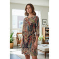 EAST INDIA COMPANY Paisley Print Viscose Midi Dress 3/4 Sleeve Elastic Waist
