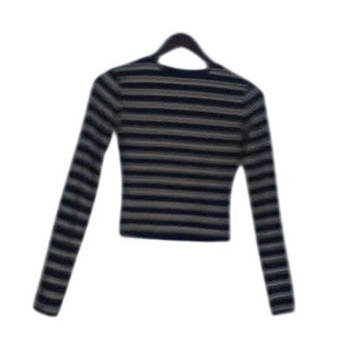 GARAGE Striped Distressed Ribbed Knit Crop Top Navy White XS