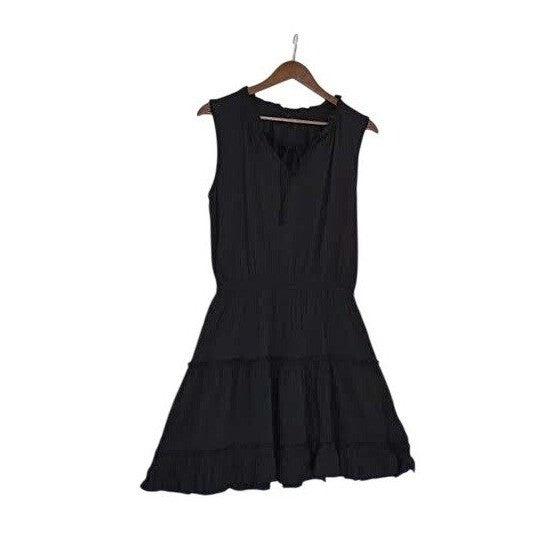 Insulation 100% Cotton Tiered Mini Dress M Black Ruffle Tie Neck Boho Dainty LBD