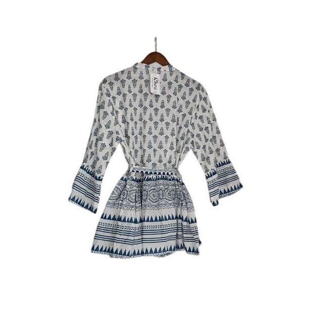 RHEA Blue White Block Print 100% Cotton Blouse L/XL Boho Bell Sleeve Tie Artisan