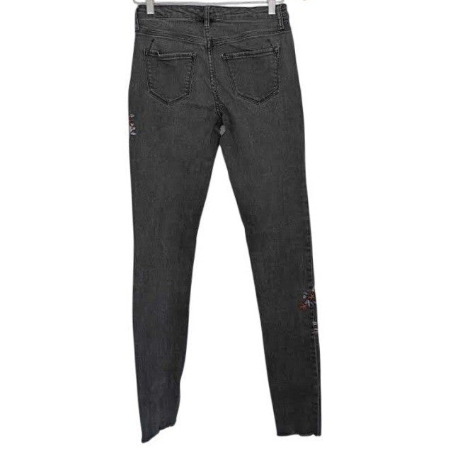 Funky Embroidered Black Skinny Jeans  Floral Art Denim Mid Rise 27x30.5 Massimo