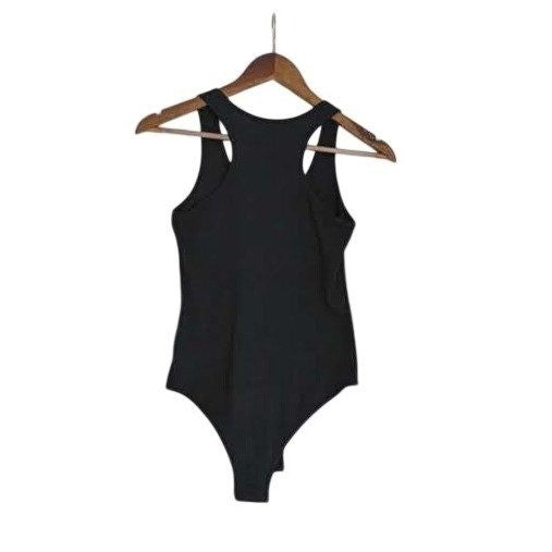 REORIA Black Ribbed Snap Front Tank Bodysuit Sleeveless Minimalist S