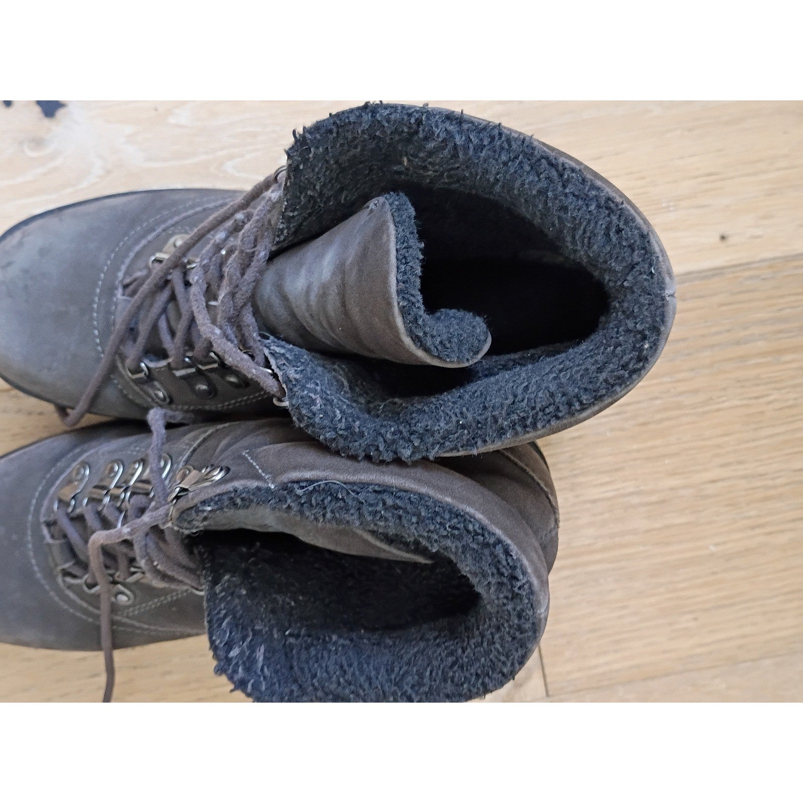 Grey Nubuck Leather Faux Fur Lined Lace Up Hiking Ankle Boots Block Heel 8.5M