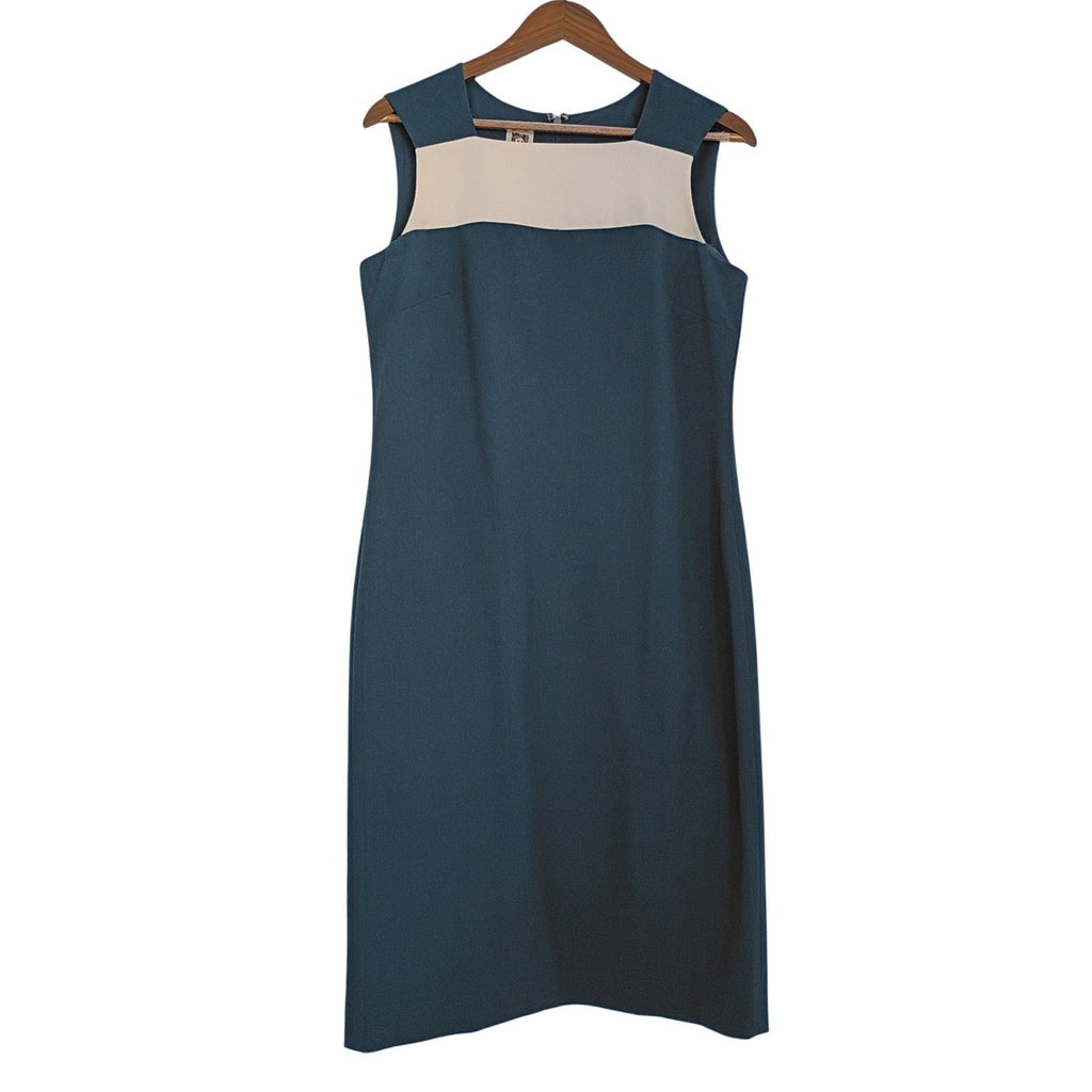 VTG Anne Klein Teal Ivory Colorblock Sheath Dress Slveless Zip 6 Career Classic