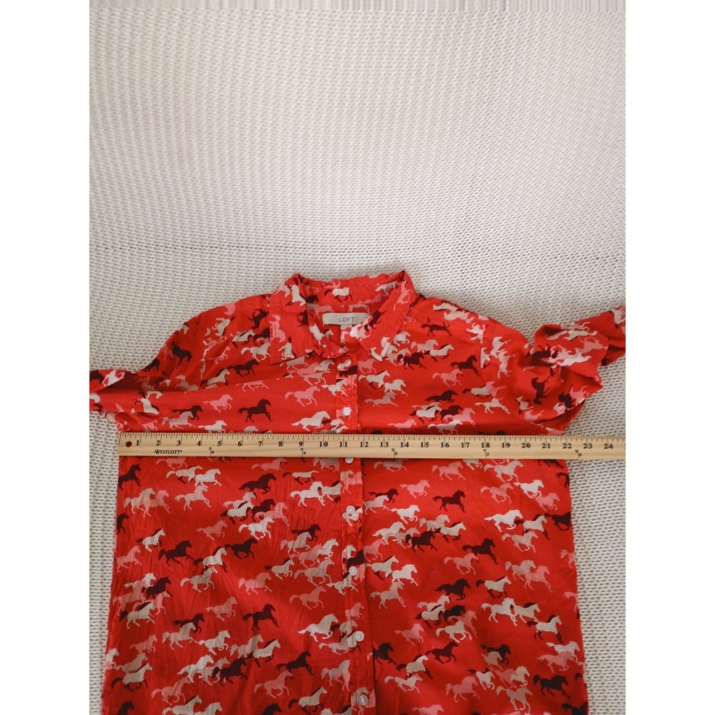 LOFT $60 Red Horse Equestrian Print Cotton Shirt Medium M Long Sleeve Preppy