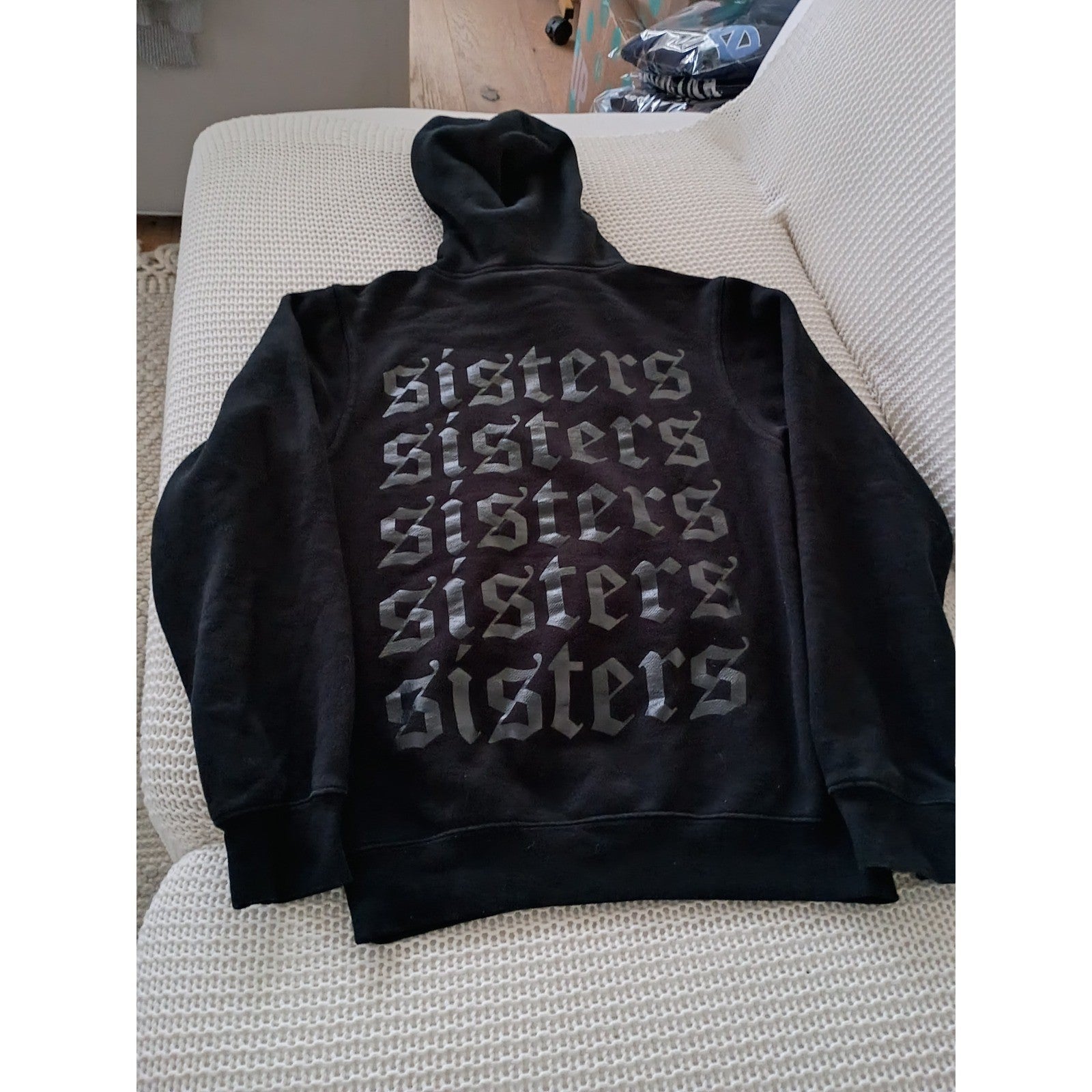 SISTERS Black Gothic Logo Hoodie 100% Cotton Sweatshirt Fits S Made USA