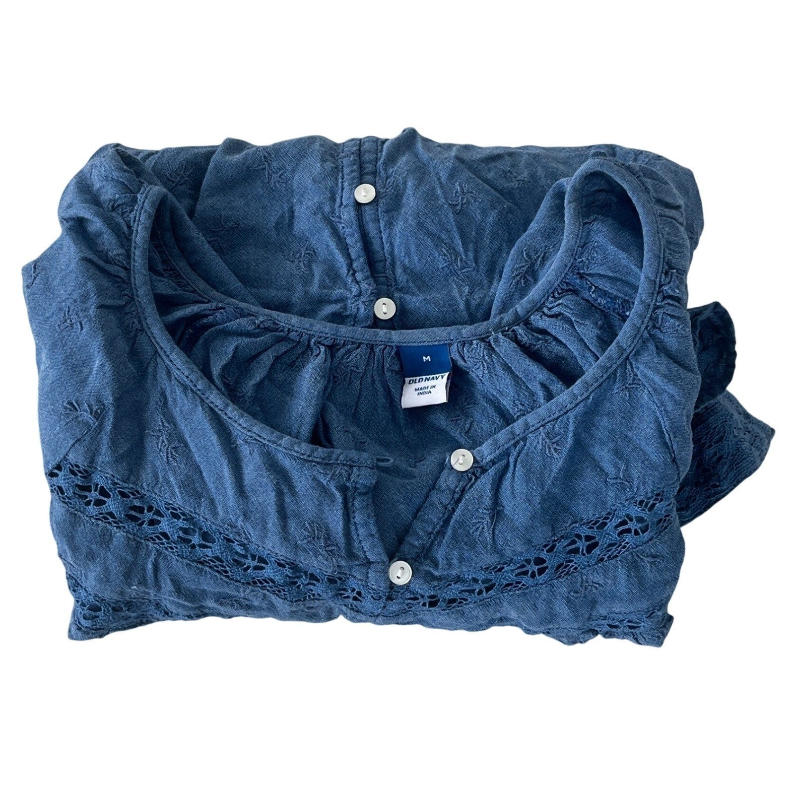 Old Navy Blue Boho Embroidered Peasant Blouse Lace Inset Cottagecore Top Medium