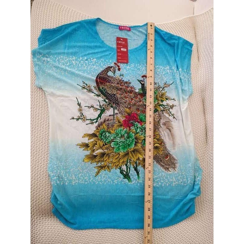I STYLE Tropical Turquoise Blue Peacock Floral Print Sht Sleeve Tunic Top L